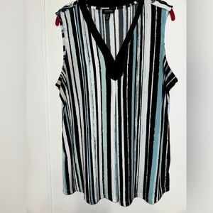 Jones New York V Neck Pleated Sleeveless Tank L Black, Blue and White